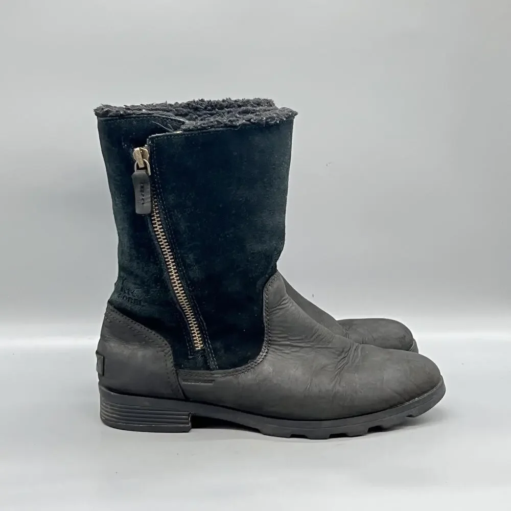 Sorel Boots Womens 9 Black Suede Mid Calf Faux Fur Lined Zip Winter Snow Shoes